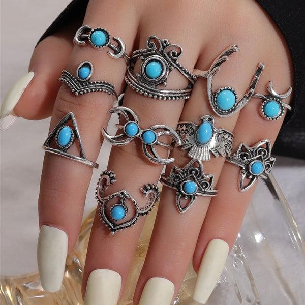 privileged by j.c. dossier Mayan Rings Set Silver & Turquoise