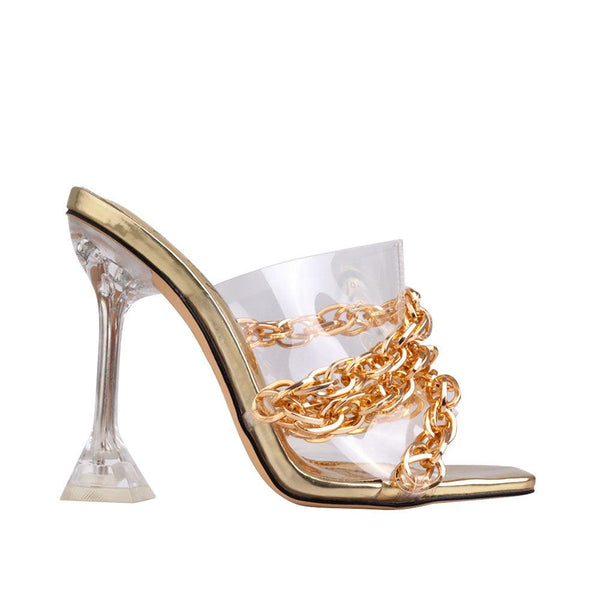 privileged by j.c. dossier Minding Clear Vinyl Chain Heel Gold