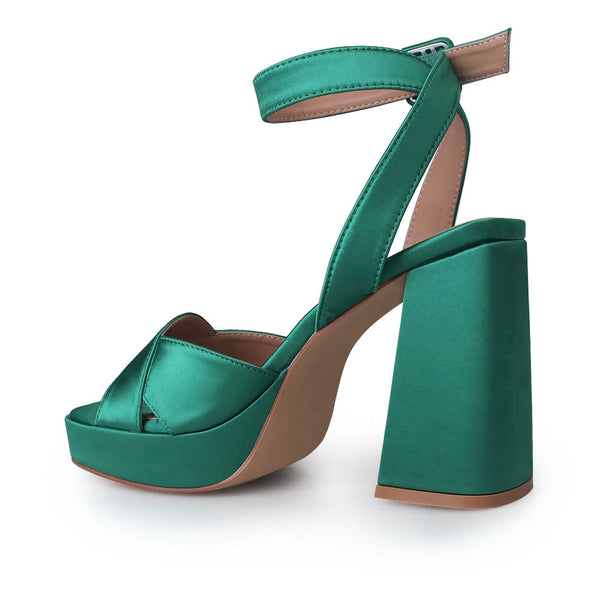 Privileged By J.c. Dossier Nell Green Satin Platform Heels