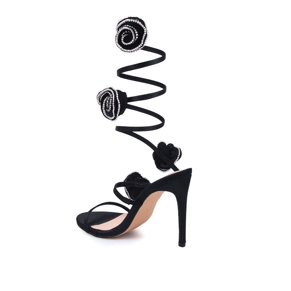 Privileged By J.c. Dossier Nidia Black Strappy Heels With Rhinestones