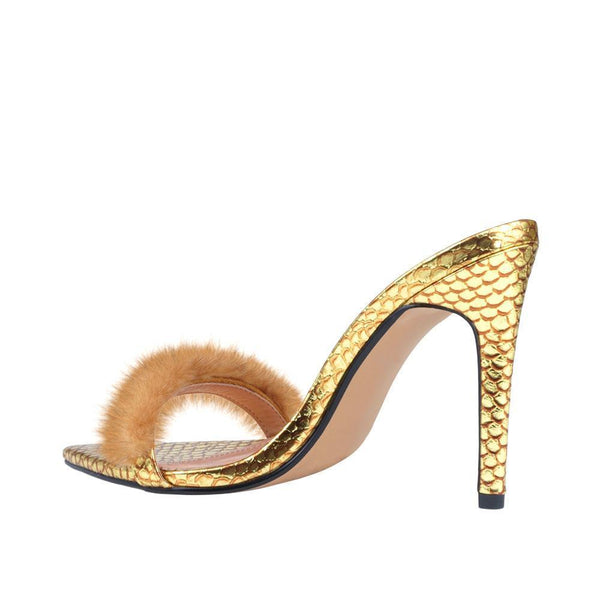 Privileged By J.c. Dossier Zyzy Gold Faux Fur Heel