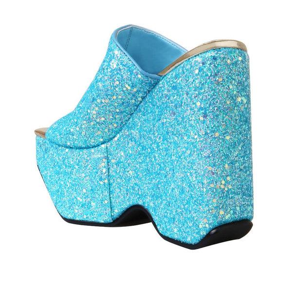 Privileged By J.c. Dossier Rezza Blue Glitter Platform Heels