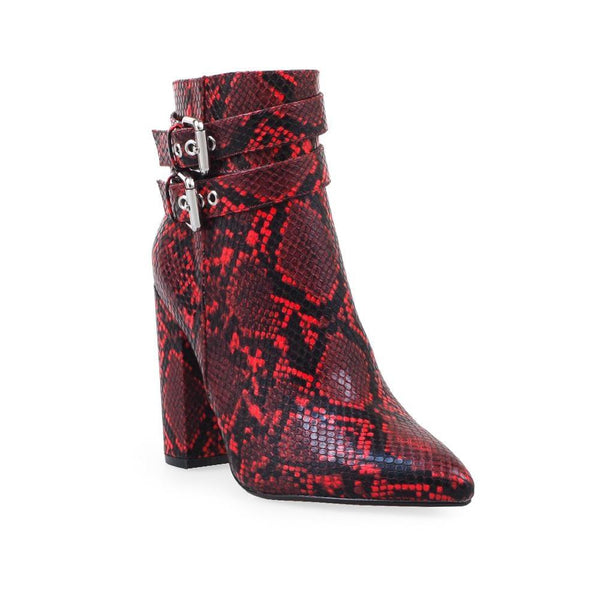 Privileged By J.c. Dossier Rheina Red Snake Print Booties