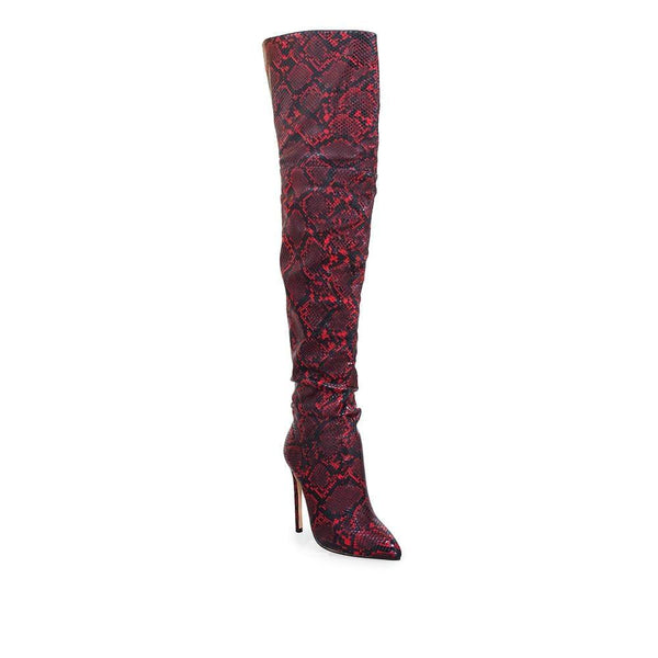 Privileged By J.c. Dossier Shaneen Red Faux Snake Skin Thigh High Boot