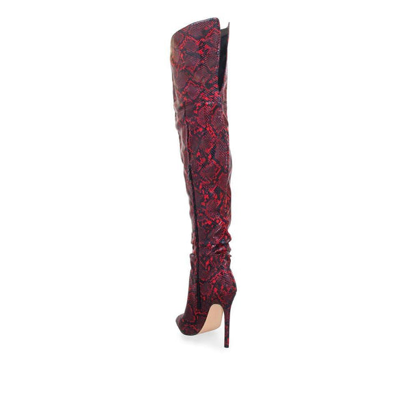 Privileged By J.c. Dossier Shaneen Red Faux Snake Skin Thigh High Boot