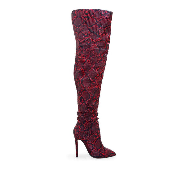 privileged by j.c. dossier Shaneen Red Faux Snake Skin Thigh High Boot