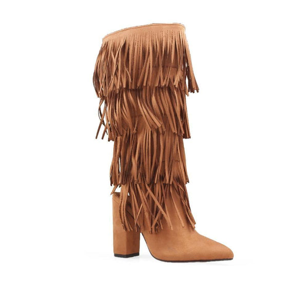 Privileged By J.c. Dossier Shayla Tan Fringe Knee-High Boots