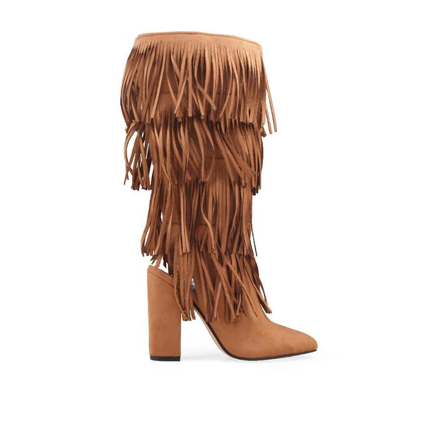 privileged by j.c. dossier Shayla Tan Fringe Knee-High Boots