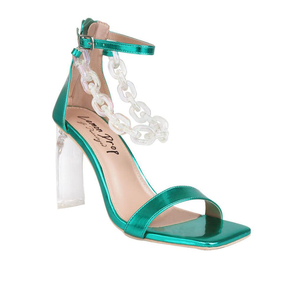Privileged By J.c. Dossier Sherie Metallic Green Heels With Clear Chain