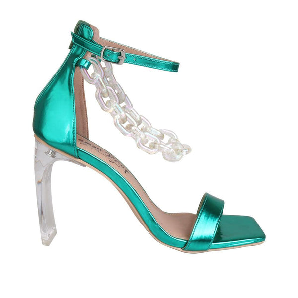 privileged by j.c. dossier Sherie Metallic Green Heels with Clear Chain