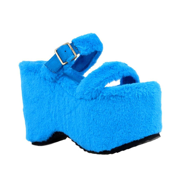 Privileged By J.c. Dossier Sonrisa Blue Faux Fur Platform Sandals