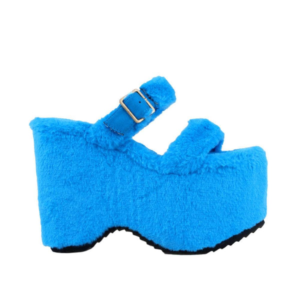 privileged by j.c. dossier Sonrisa Blue Faux Fur Platform Sandals
