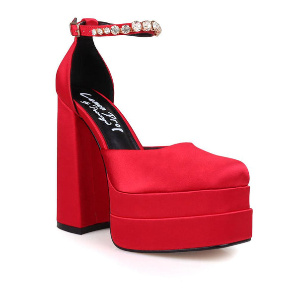Privileged By J.c. Dossier Typhoon Red Satin Platform Heels