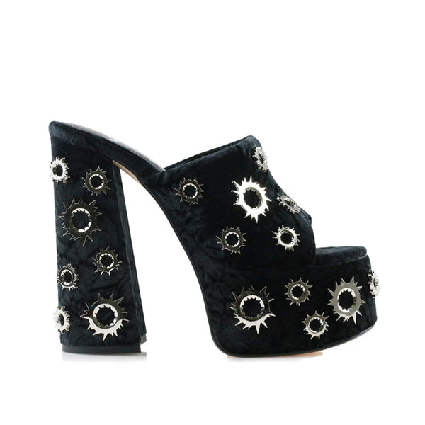 privileged by j.c. dossier Vestus Black Crushed Velvet Platform Heels