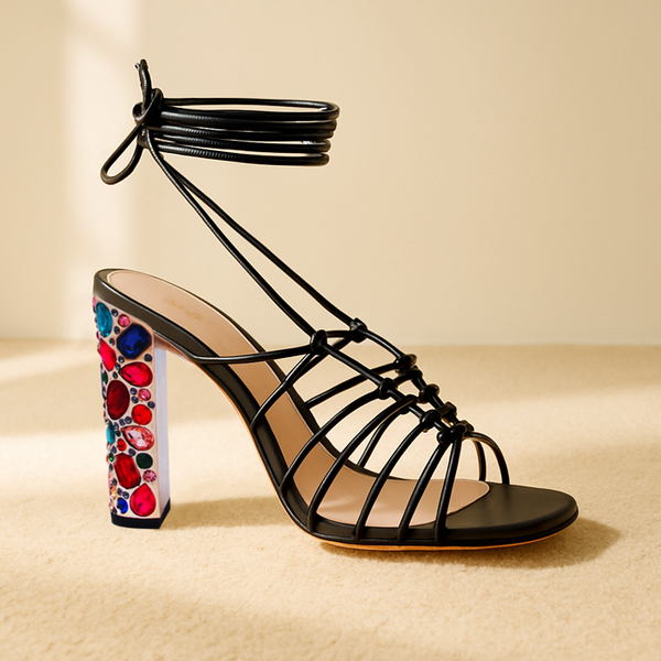 Privileged By J.c. Dossier Zuno Black Strappy Heel With Jewel Embellished Platform