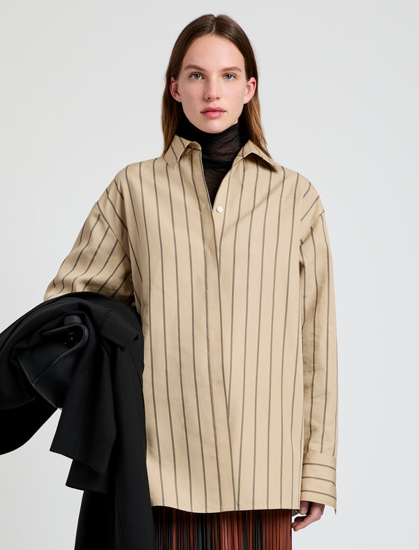 proenza schouler Proenza Schouler Addy Top in Stripe Cotton Silk Poplin - Taupe Multi