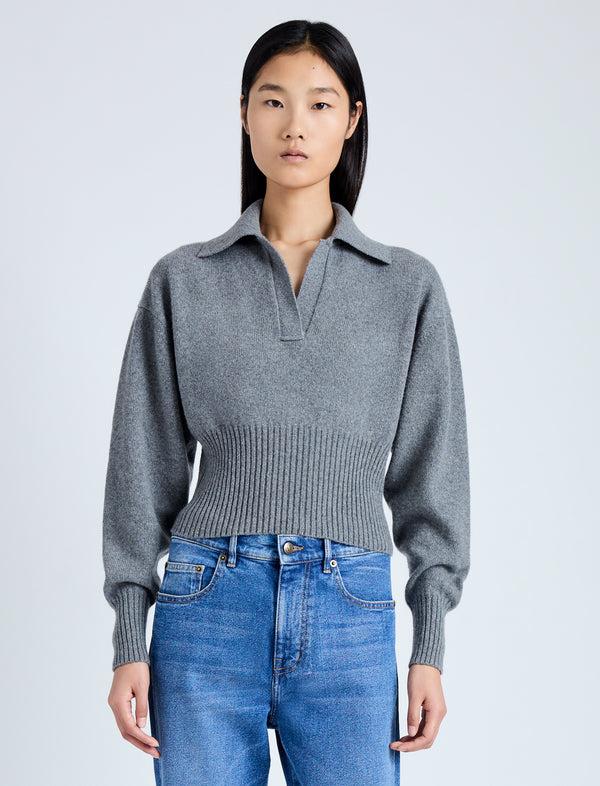 proenza schouler Proenza Schouler Jeanne Polo Sweater in Eco Cashmere - Grey Melange
