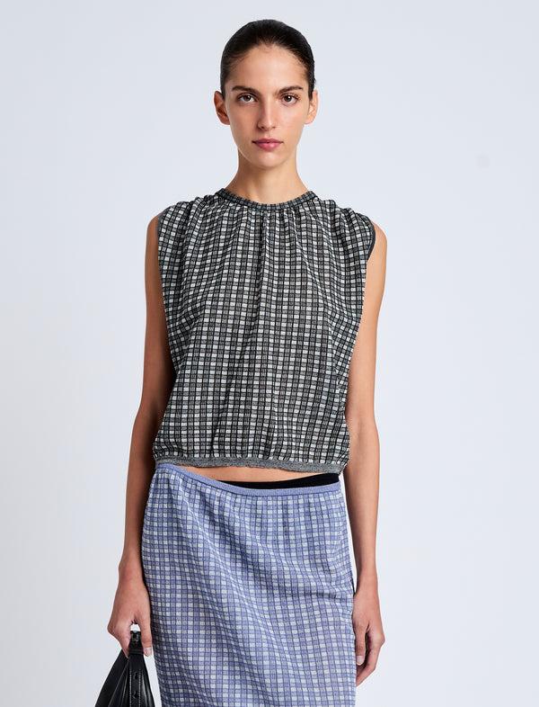 proenza schouler Proenza Schouler White Label Bradley Crewneck in Plaid Knit - Off White/Black