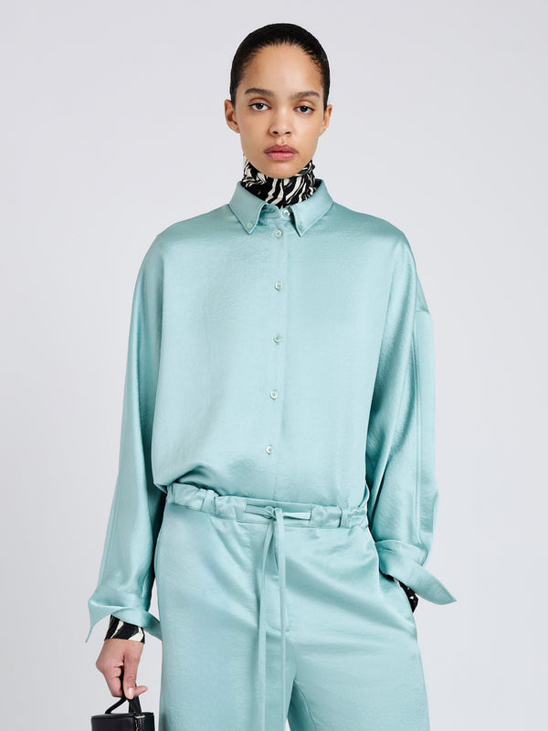 proenza schouler Proenza Schouler White Label Caroline Shirt in Crinkled Crepe - Sea Glass