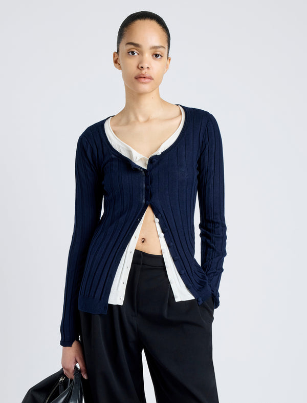 proenza schouler Proenza Schouler White Label Hattie Cardigan in Lightweight Cashmere - Navy