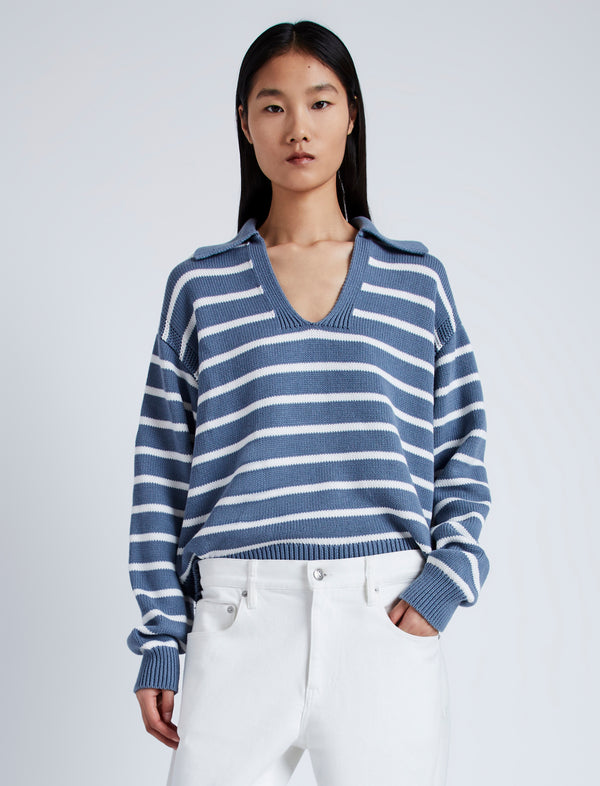 proenza schouler Proenza Schouler White Label Murphy Sweater in Striped Cotton Cashmere - Slate/Chalk