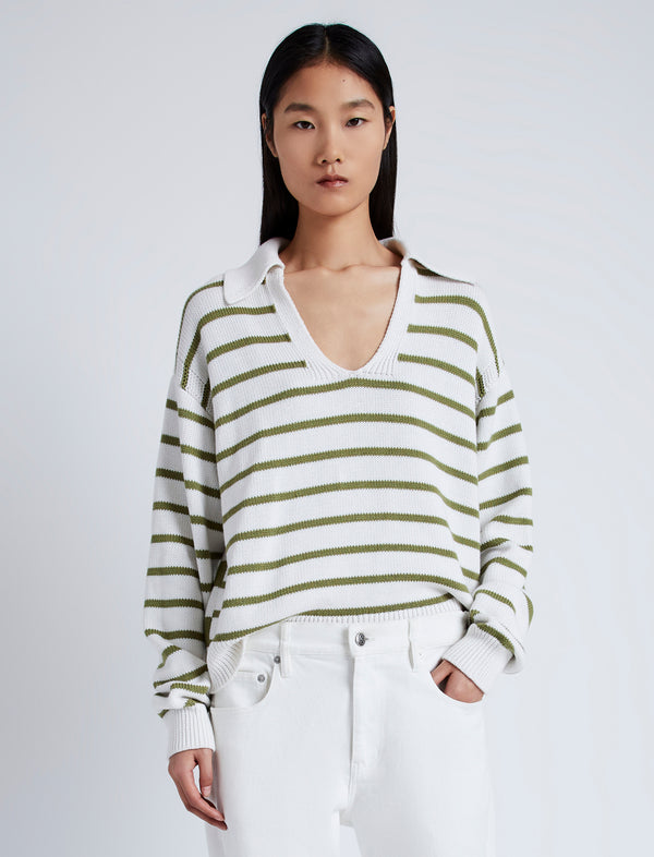 proenza schouler Proenza Schouler White Label Murphy Sweater in Striped Cotton Cashmere - Chalk/Willow