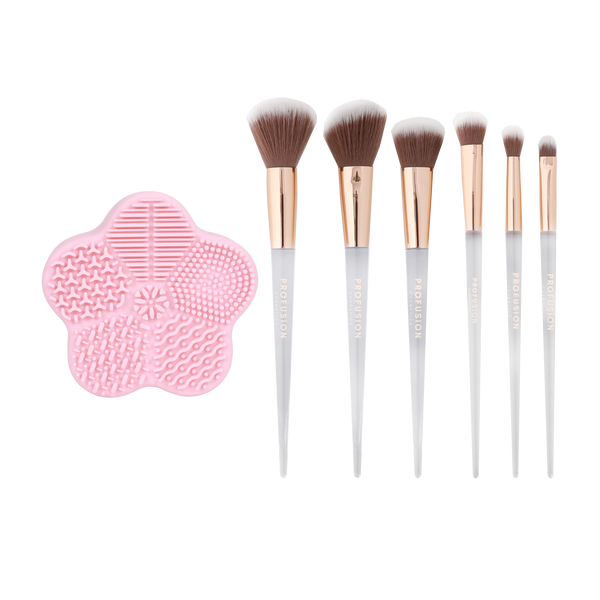 profusion cosmetics Frosted Snow Sparkle | 7 PC Makeup Brush & Cleaning Mat Set