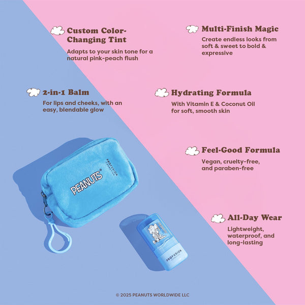 Profusion Cosmetics Peanuts 75th | Linus’s Cozy Tint PH Color Changing Balm & Security Blanket Pouch