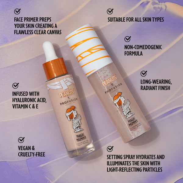 Profusion Cosmetics Peanuts Halloween | Magic Mummy Illuminating Face Primer & Setting Spray Set