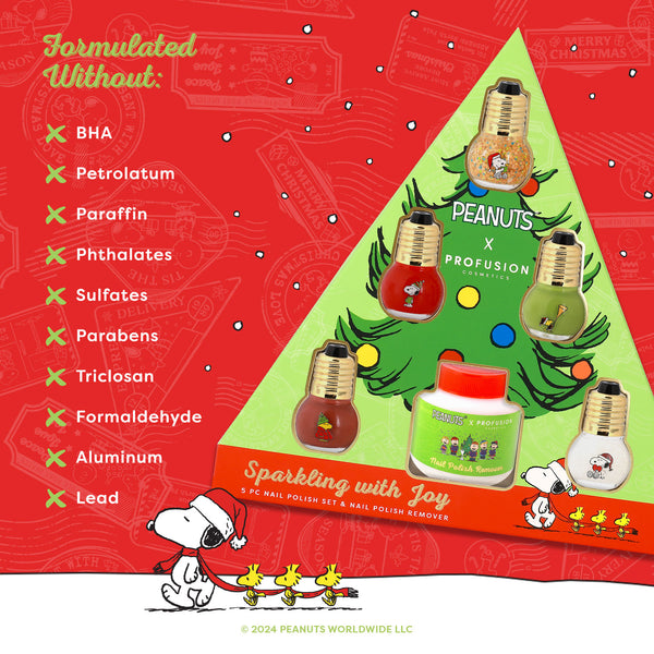 Profusion Cosmetics Peanuts Holiday | Sparkling With Joy 5 PC Nail Polish Set & Nail Polish Remover
