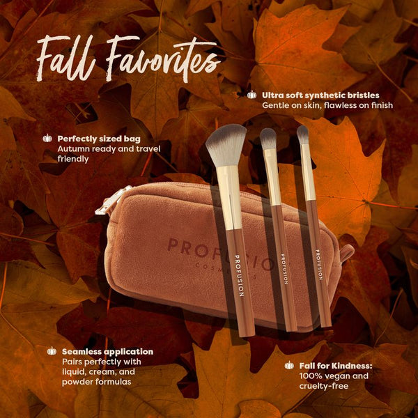 Profusion Cosmetics Pumpkin Spice | Cinnamon Sticks 3 PC Face & Eye Brush & Bag Set