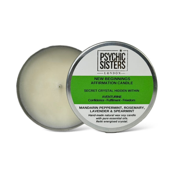 psychic sisters New Beginnings Tin Candle – Lavender Rosemary Mandarin & Spearmint