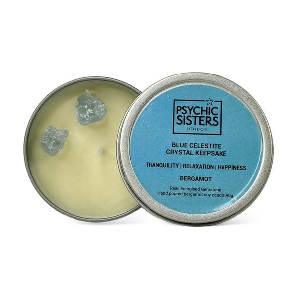 Psychic Sisters Blue Celestite Tin Candle – Bergamot