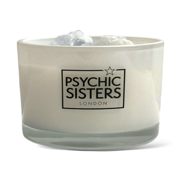 Psychic Sisters Celestite Crystal Candle – Bergamot