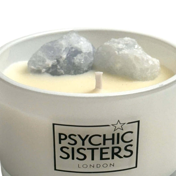 Psychic Sisters Celestite Crystal Candle – Bergamot