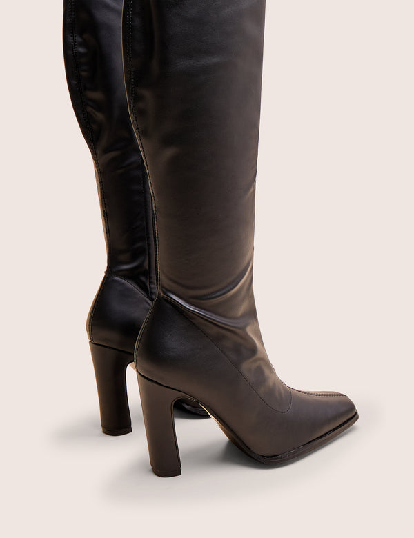 Public Desire Acquaria Black Pu Over The Knee Flared Heel Boots