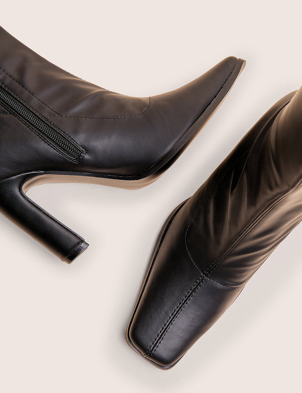 Public Desire Acquaria Black Pu Over The Knee Flared Heel Boots