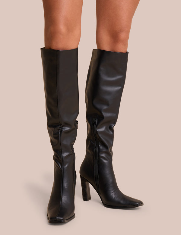 Public Desire Acquilla Black Knee High Flared Heel Boots