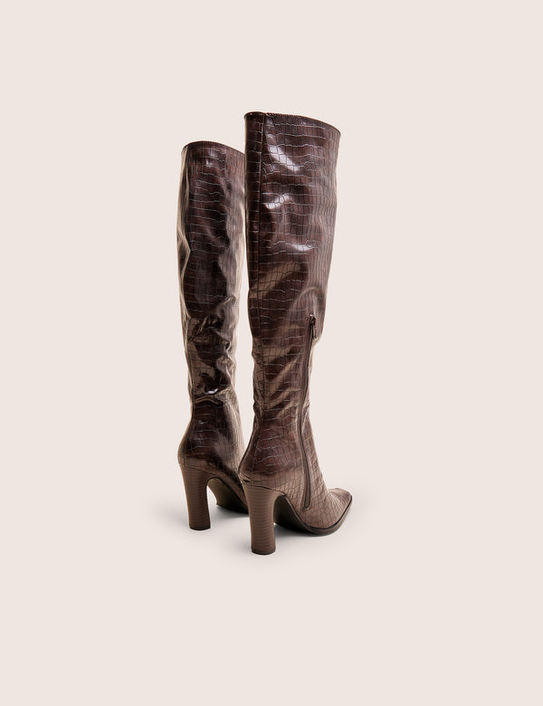 Public Desire Acquilla Brown Croc Knee High Flared Heel Boots