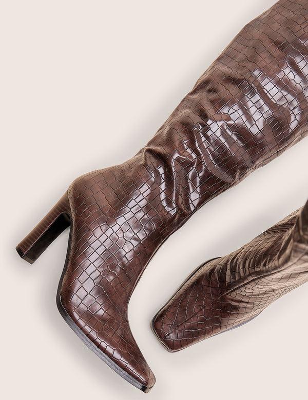 Public Desire Acquilla Brown Croc Knee High Flared Heel Boots
