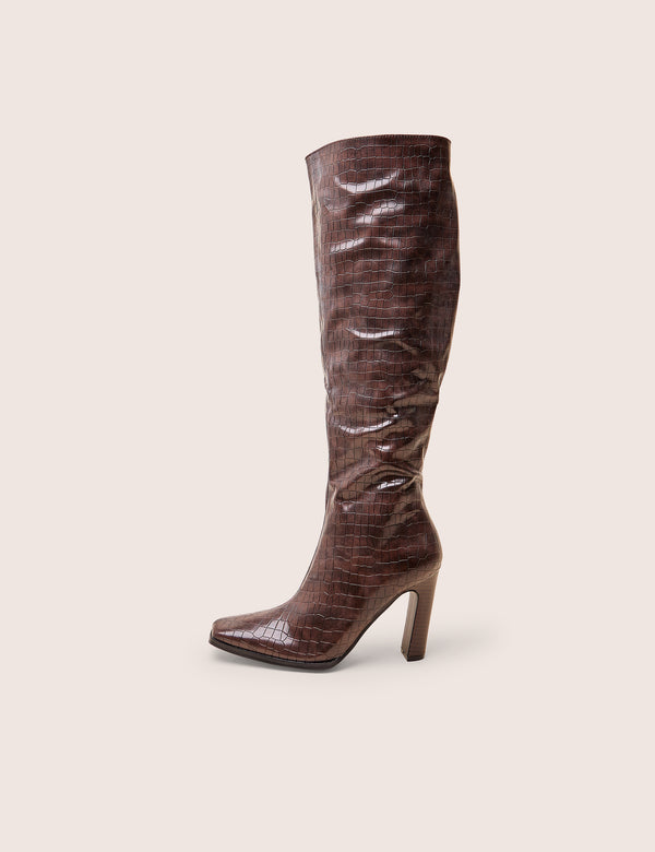 public desire Acquilla Brown Croc Knee High Flared Heel Boots