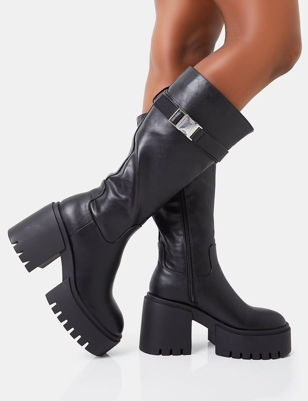Public Desire Alaska Black Calf Strap Buckle Knee High Chunky Sole Block Heel Boots