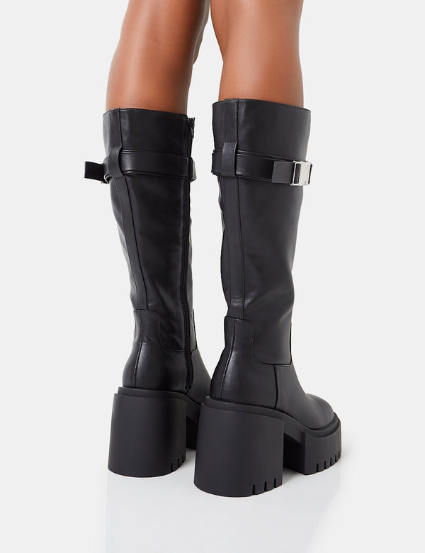 Public Desire Alaska Black Calf Strap Buckle Knee High Chunky Sole Block Heel Boots