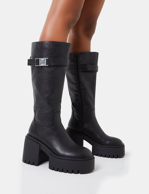 public desire Alaska Black Calf Strap Buckle Knee High Chunky Sole Block Heel Boots