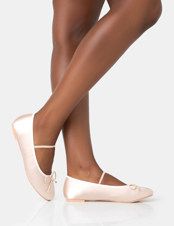 Public Desire Alexa Baby Pink Satin Elasticated Bow Detailed Ballet Flats