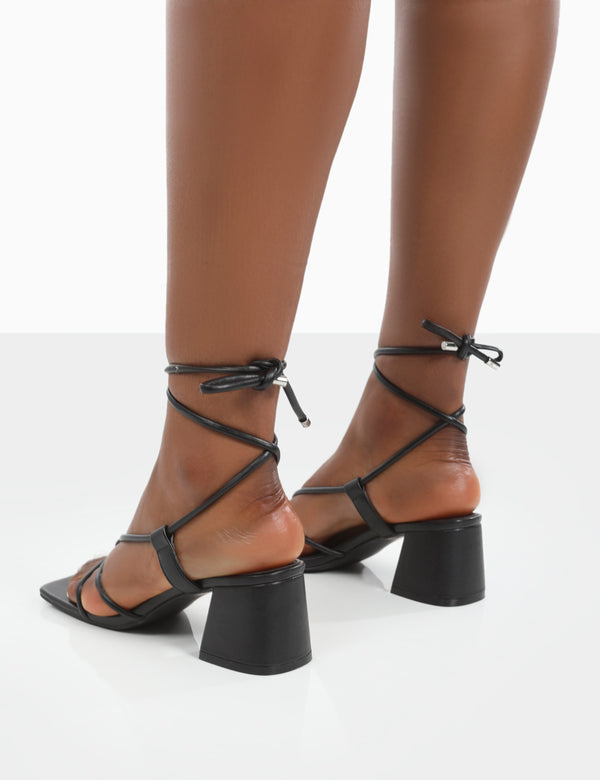 Public Desire Aloha Black Lace Up Block Mid Heeled Sandals