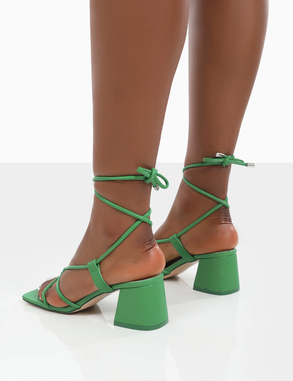 Public Desire Aloha Wide Fit Green PU Lace Up Block Mid Heeled Sandals