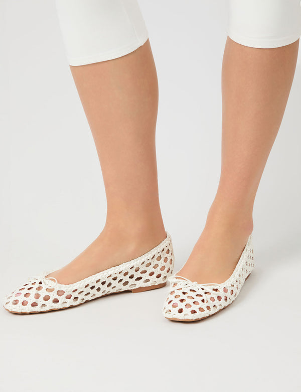 Public Desire Alundra White Pu Woven Bow Detail Ballet Pump Flats