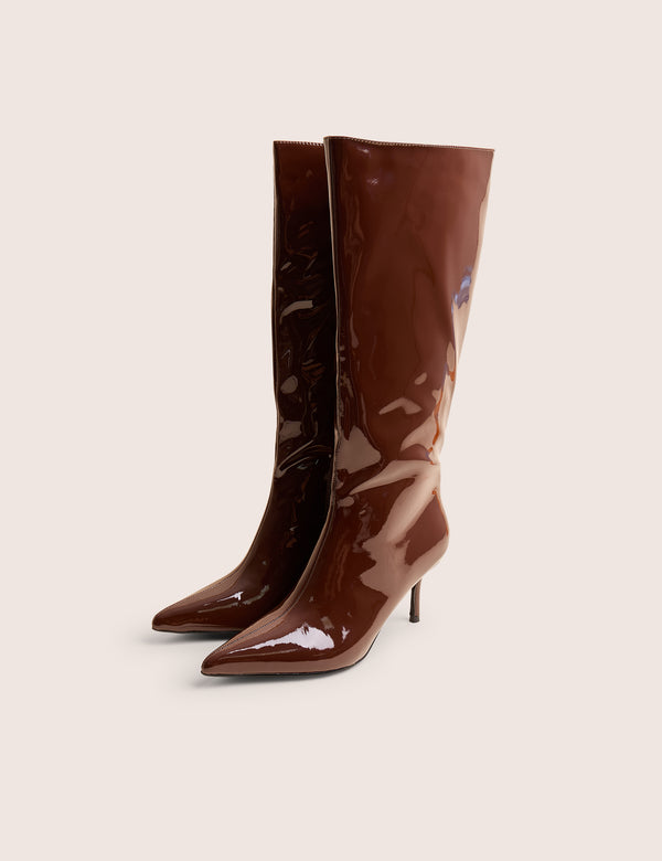 Public Desire Amped Chocolate Patent Pointed Toe Mid Heel Knee High Boots