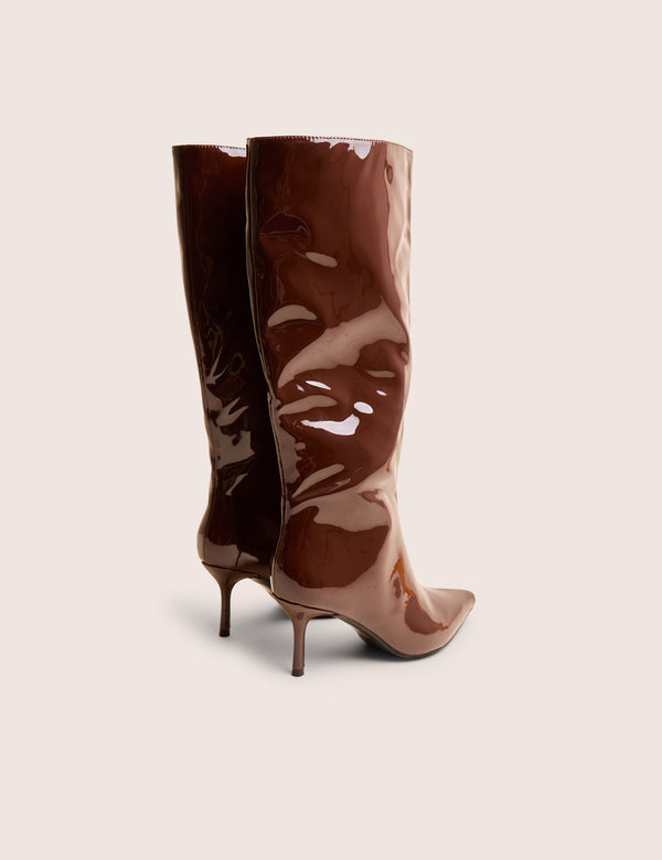 Public Desire Amped Chocolate Patent Pointed Toe Mid Heel Knee High Boots